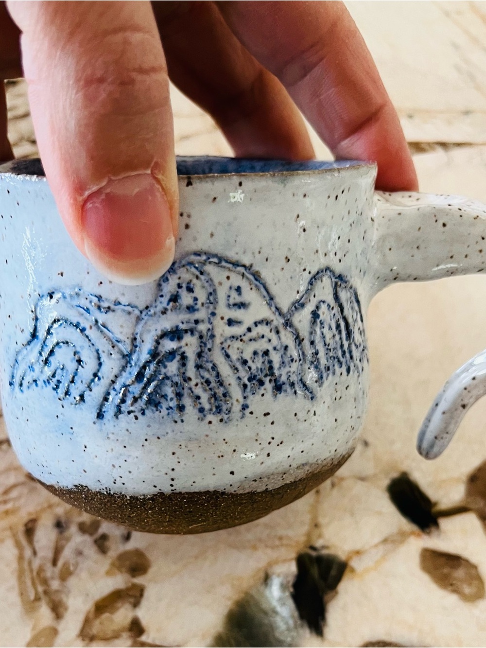 Handmade Studio Pottery Mug – Carved Mountain Landscape – Purple Plum Glaze – Ar